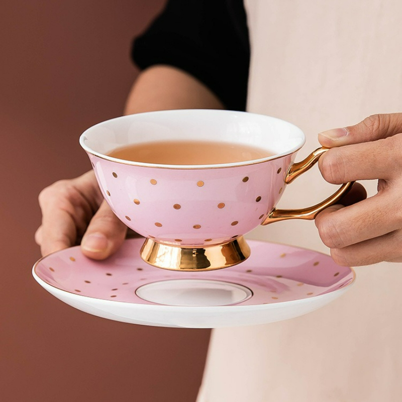 Bistro Table Set - Ceramic Pink Coffee Mugs with Dish
