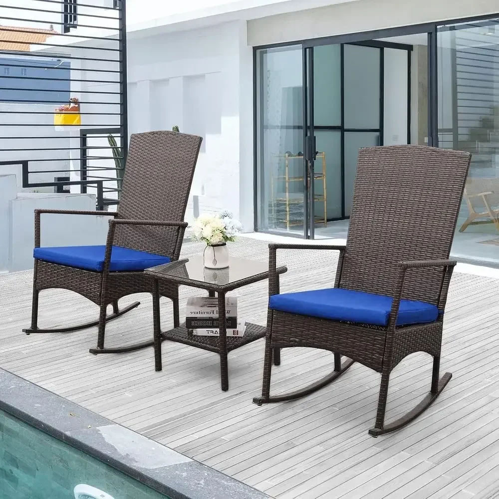 Bistro Table Set - Outdoor PE Wicker Rocking Chair 3-Piece